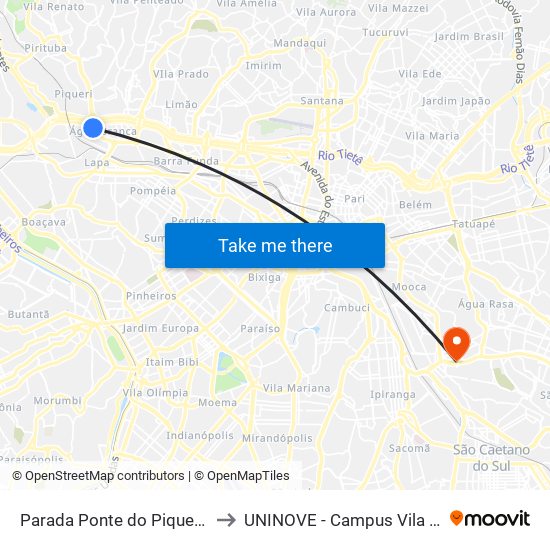 Parada Ponte do Piqueri (Norte) to UNINOVE - Campus Vila Prudente map