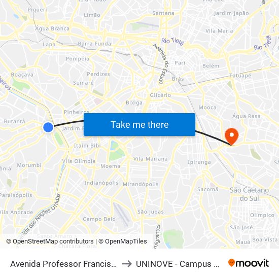 Avenida Professor Francisco Morato C/B to UNINOVE - Campus Vila Prudente map