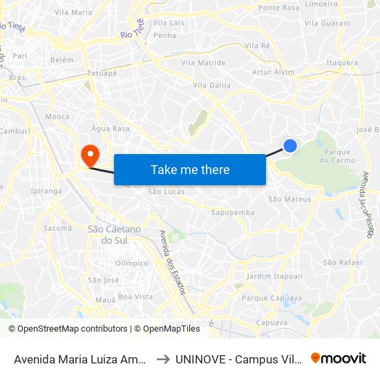 Avenida Maria Luiza Americano 579 to UNINOVE - Campus Vila Prudente map