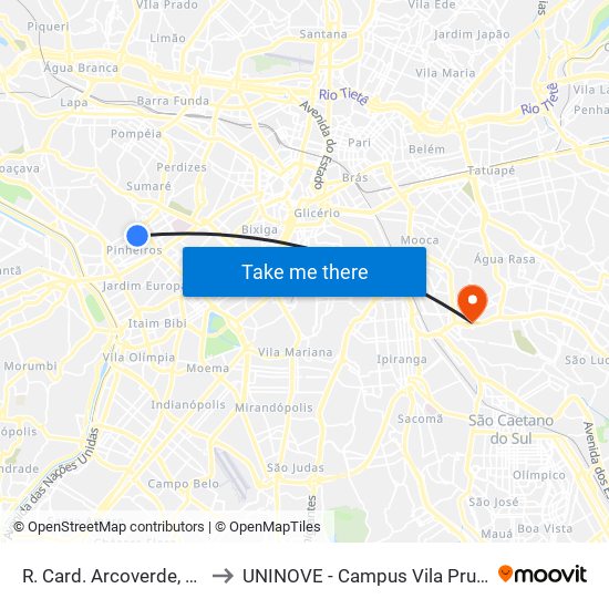 R. Card. Arcoverde, 1332 to UNINOVE - Campus Vila Prudente map