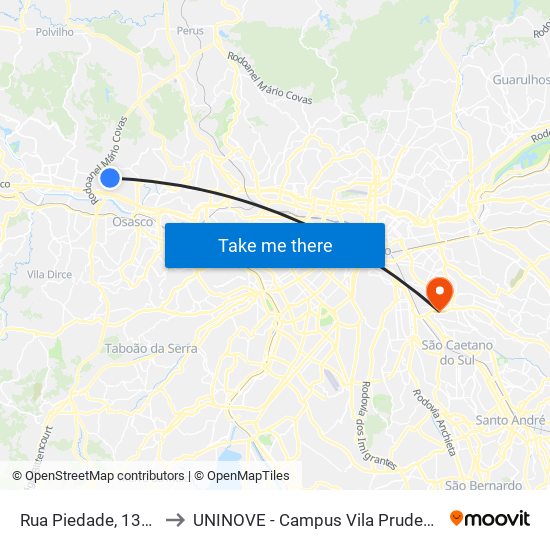 Rua Piedade, 1302 to UNINOVE - Campus Vila Prudente map