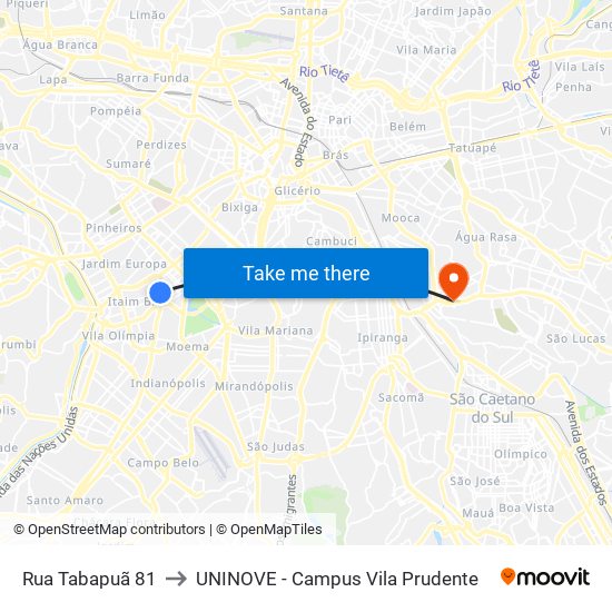 Rua Tabapuã 81 to UNINOVE - Campus Vila Prudente map