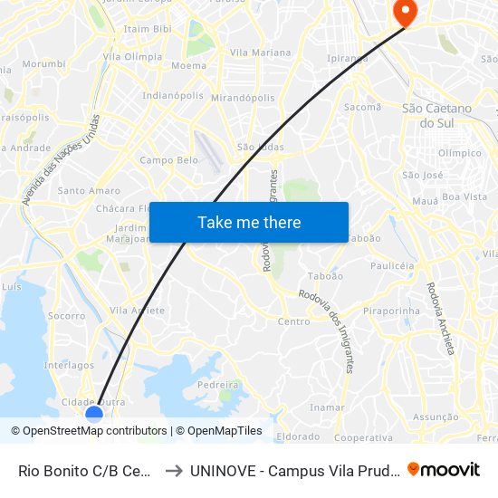 Rio Bonito C/B Central to UNINOVE - Campus Vila Prudente map