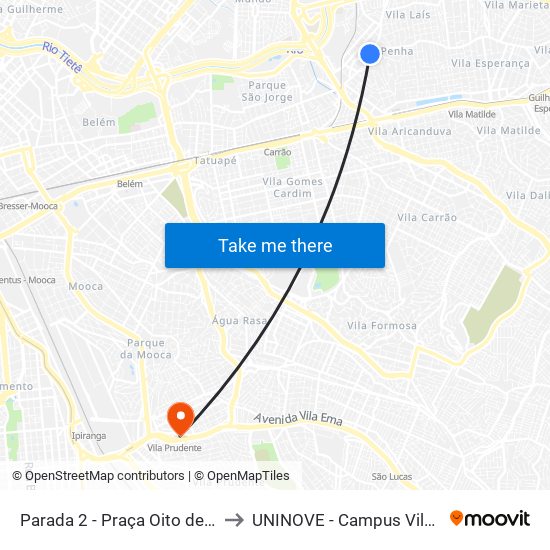 Parada 2 - Praça Oito de Setembro to UNINOVE - Campus Vila Prudente map