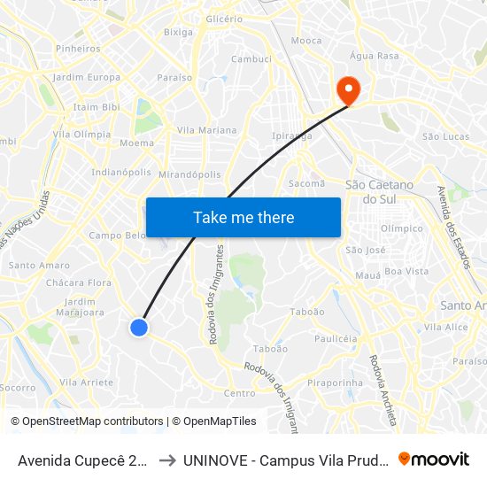 Avenida Cupecê 2308 to UNINOVE - Campus Vila Prudente map
