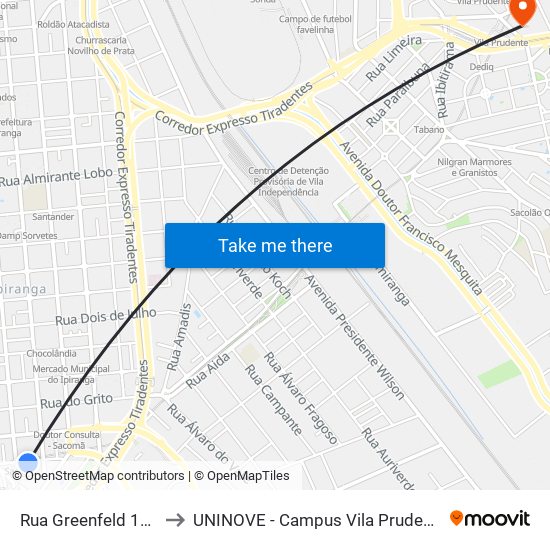 Rua Greenfeld 130 to UNINOVE - Campus Vila Prudente map