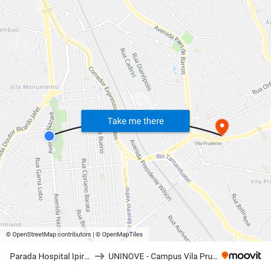 Parada Hospital Ipiranga to UNINOVE - Campus Vila Prudente map