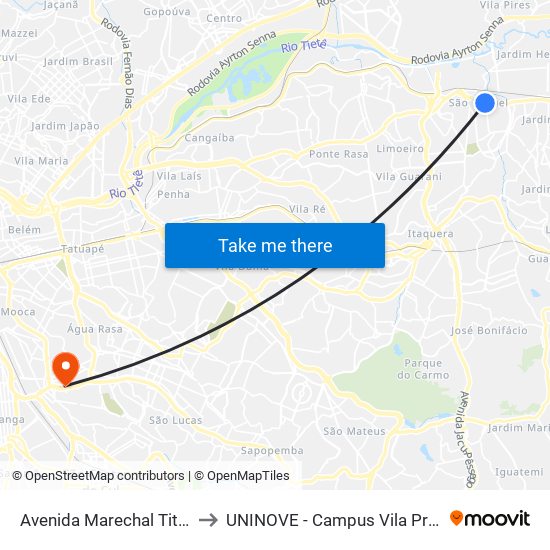 Avenida Marechal Tito 990 to UNINOVE - Campus Vila Prudente map