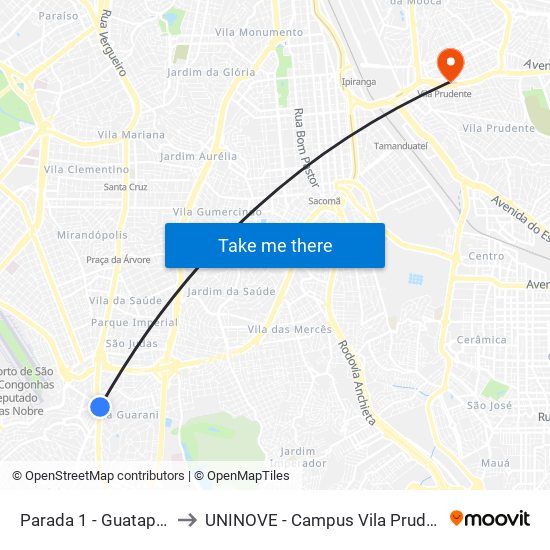 Parada 1 - Guatapará to UNINOVE - Campus Vila Prudente map
