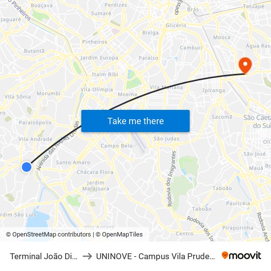 Terminal João Dias to UNINOVE - Campus Vila Prudente map