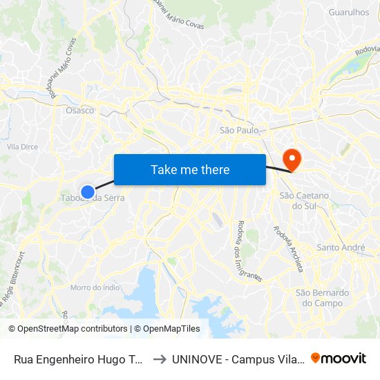 Rua Engenheiro Hugo Takahashi 2 to UNINOVE - Campus Vila Prudente map