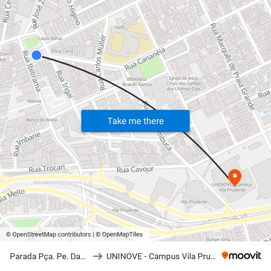 Parada Pça. Pe. Damião to UNINOVE - Campus Vila Prudente map