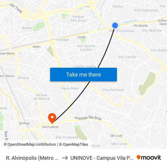 R. Alvinópolis (Metro Penha) to UNINOVE - Campus Vila Prudente map