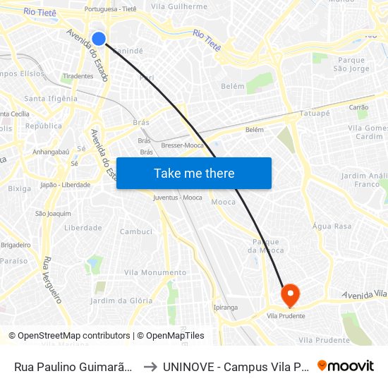 Rua Paulino Guimarães, 121 to UNINOVE - Campus Vila Prudente map