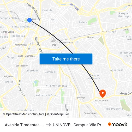 Avenida Tiradentes 2194 to UNINOVE - Campus Vila Prudente map