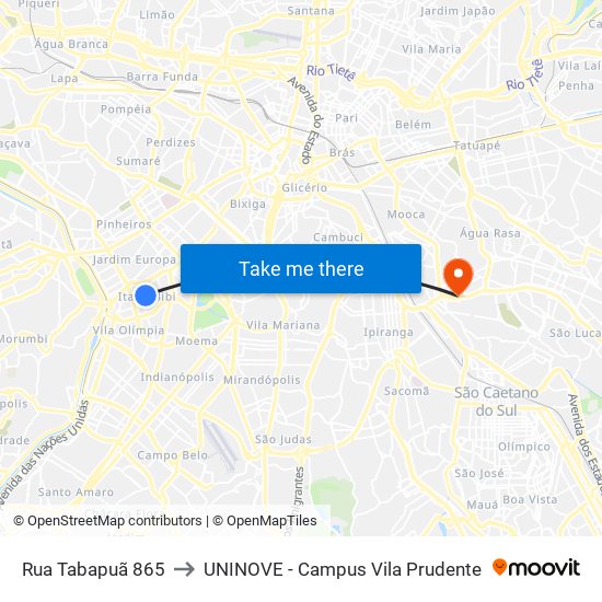 Rua Tabapuã 865 to UNINOVE - Campus Vila Prudente map