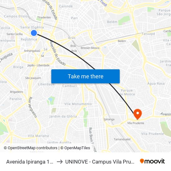 Avenida Ipiranga 1119 to UNINOVE - Campus Vila Prudente map