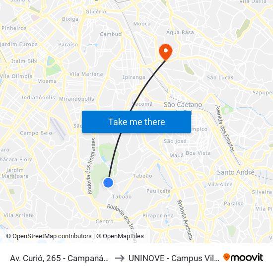 Av. Curió, 265 - Campanário, Diadema to UNINOVE - Campus Vila Prudente map