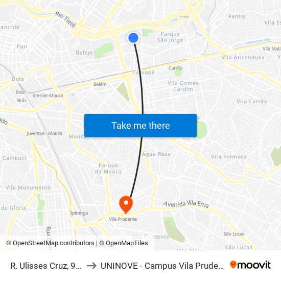 R. Ulisses Cruz, 930 to UNINOVE - Campus Vila Prudente map