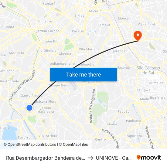 Rua Desembargador Bandeira de Mello, 392 - Santo Amaro, São Paulo to UNINOVE - Campus Vila Prudente map
