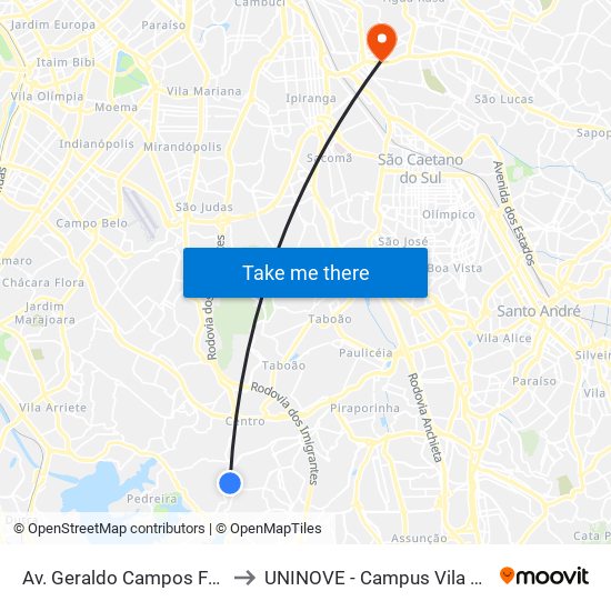 Av. Geraldo Campos Freire, 31 to UNINOVE - Campus Vila Prudente map