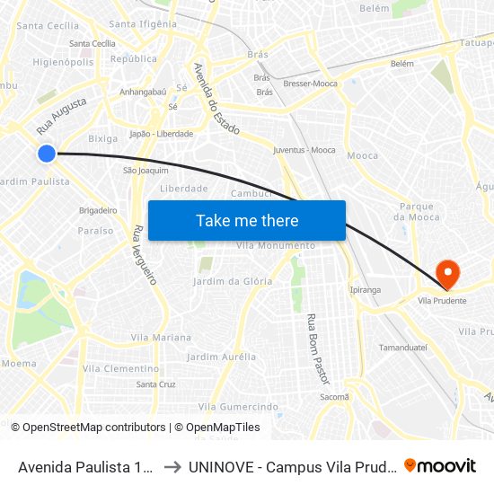 Avenida Paulista 1810 to UNINOVE - Campus Vila Prudente map