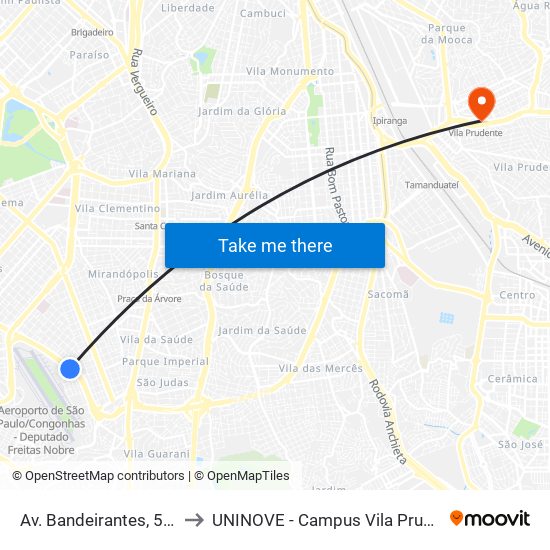 Av. Bandeirantes, 5178 to UNINOVE - Campus Vila Prudente map
