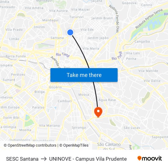 SESC Santana to UNINOVE - Campus Vila Prudente map