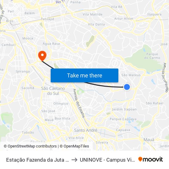 Estação Fazenda da Juta - Monotrilho to UNINOVE - Campus Vila Prudente map