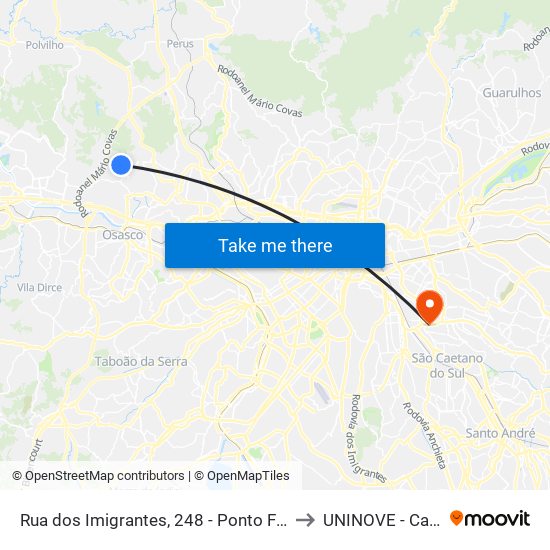 Rua dos Imigrantes, 248 - Ponto Final do Jardim Açucará - Bonança, Osasco to UNINOVE - Campus Vila Prudente map