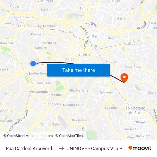 Rua Cardeal Arcoverde 2030 to UNINOVE - Campus Vila Prudente map