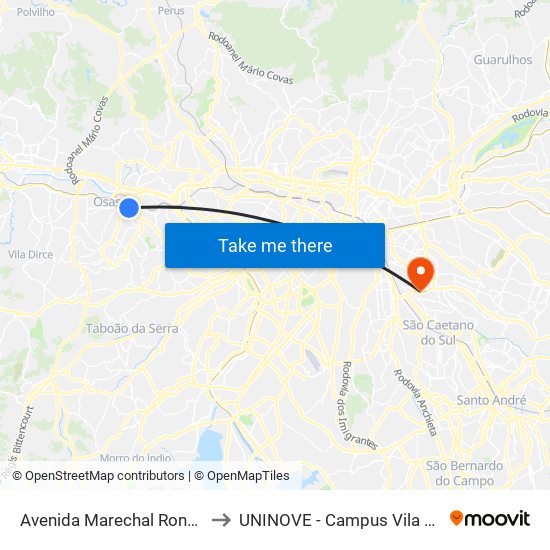 Avenida Marechal Rondon 249 to UNINOVE - Campus Vila Prudente map