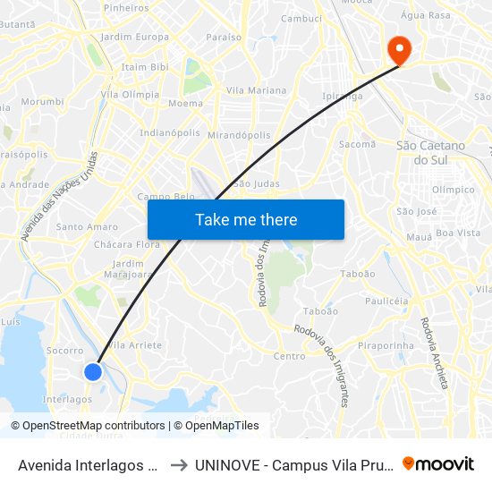 Avenida Interlagos 5220 to UNINOVE - Campus Vila Prudente map