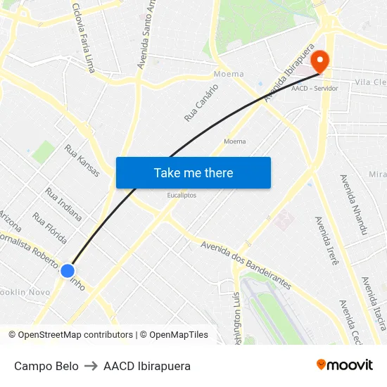 Campo Belo to AACD Ibirapuera map