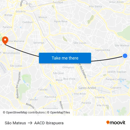 São Mateus to AACD Ibirapuera map