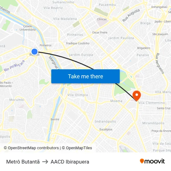 Metrô Butantã to AACD Ibirapuera map