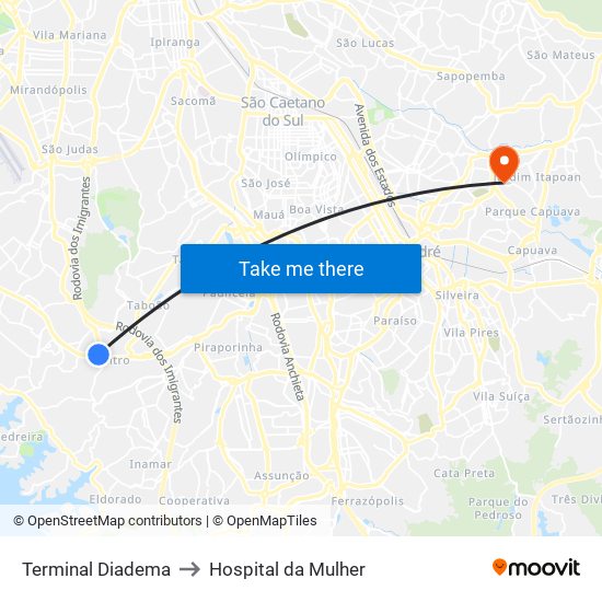 Terminal Diadema to Hospital da Mulher map