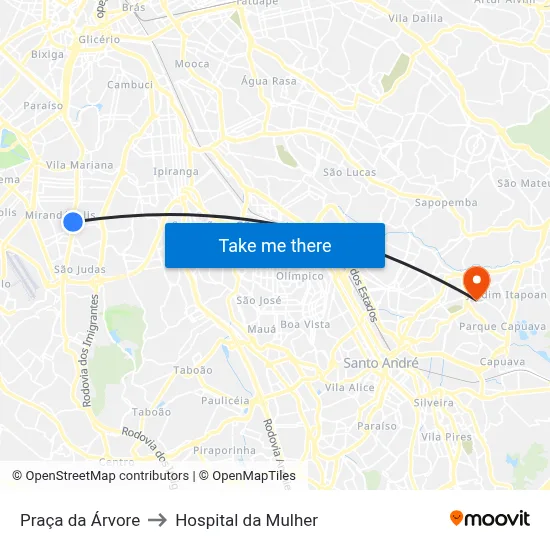 Praça da Árvore to Hospital da Mulher map