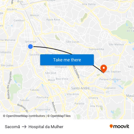 Sacomã to Hospital da Mulher map