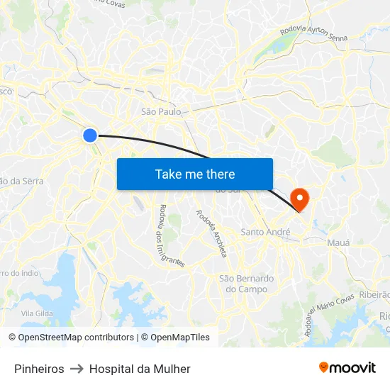 Pinheiros to Hospital da Mulher map