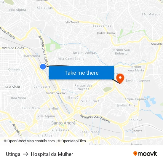 Utinga to Hospital da Mulher map