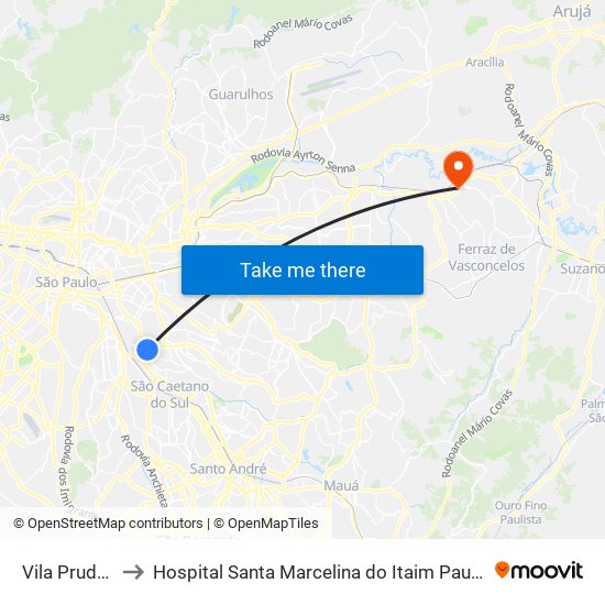 Vila Prudente to Hospital Santa Marcelina do Itaim Paulista O.S.S map
