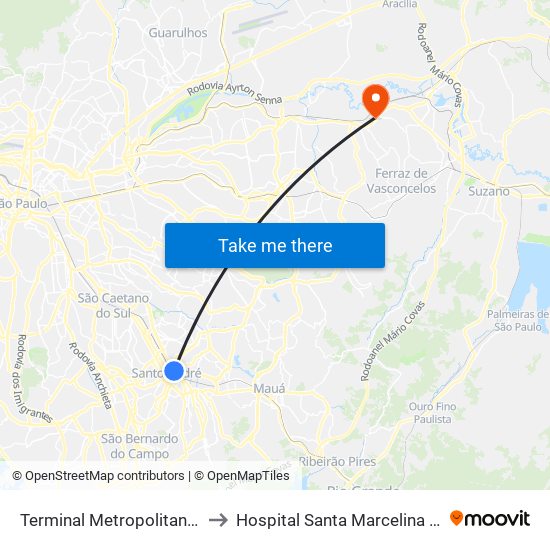 Terminal Metropolitano Santo André Leste to Hospital Santa Marcelina do Itaim Paulista O.S.S map