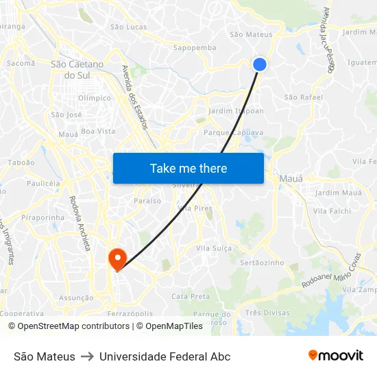 São Mateus to Universidade Federal Abc map