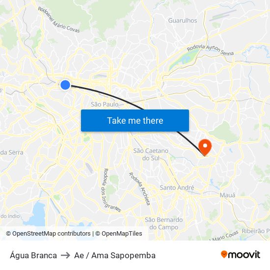 Água Branca to Ae / Ama Sapopemba map