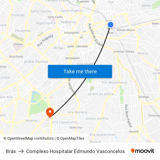 Brás to Complexo Hospitalar Edmundo Vasconcelos map