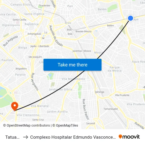 Tatuapé to Complexo Hospitalar Edmundo Vasconcelos map