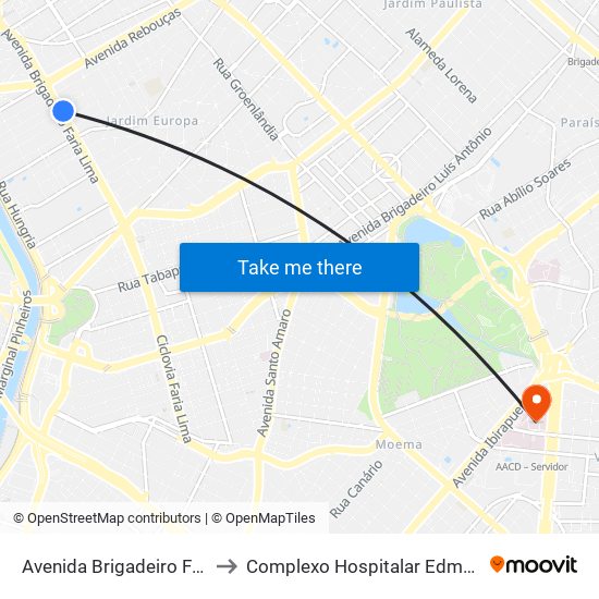 Avenida Brigadeiro Faria Lima 1775 to Complexo Hospitalar Edmundo Vasconcelos map