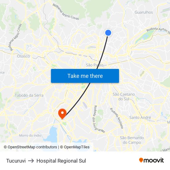 Tucuruvi to Hospital Regional Sul map