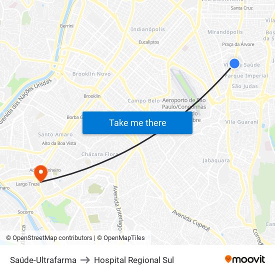 Saúde-Ultrafarma to Hospital Regional Sul map